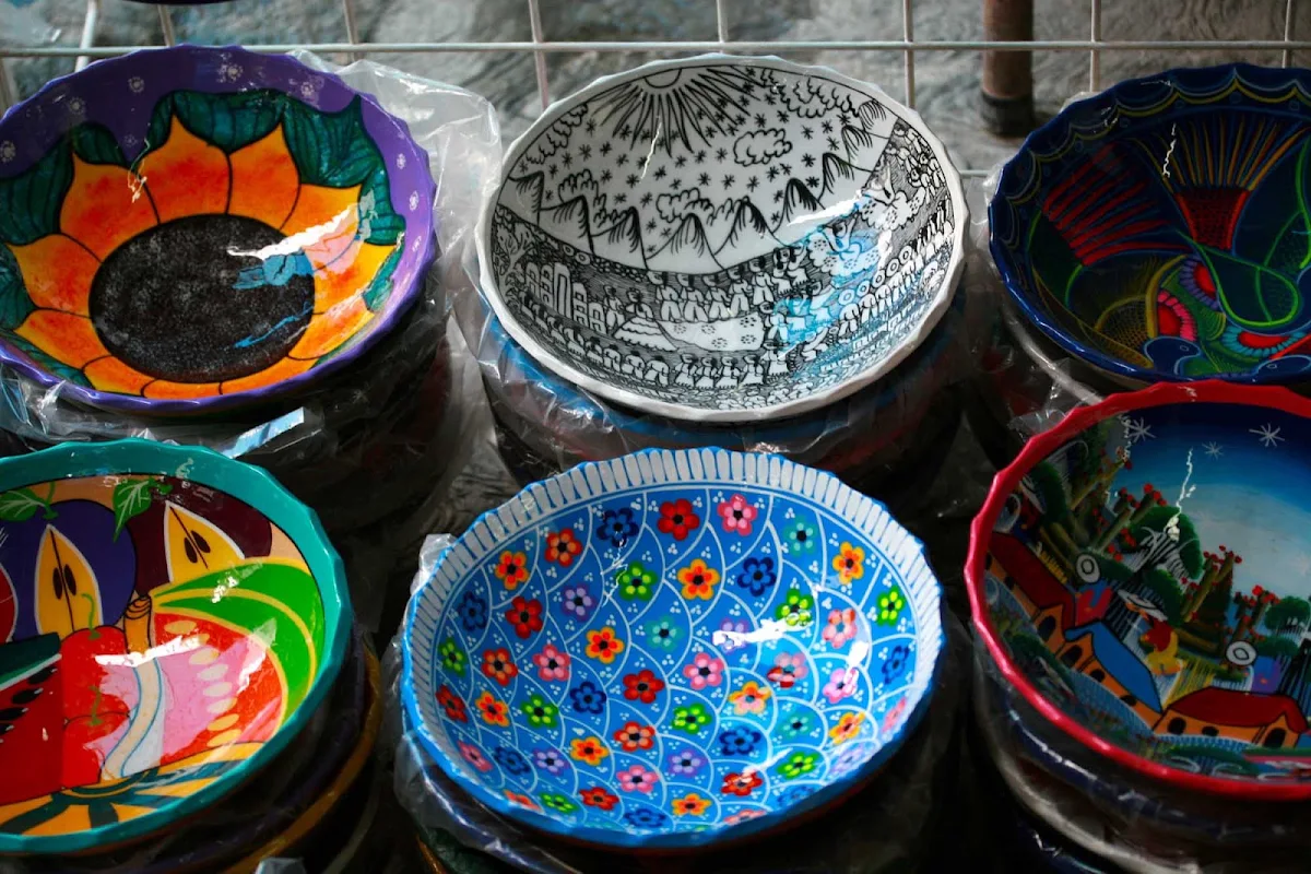 Puerto-Juarez-market - Artisans' bowls for sale in the market at Puerto Juarez near Cancun, Mexico.