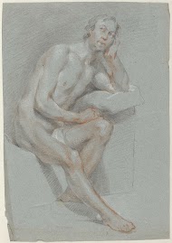 Zittende naakte man, zijn hoofd met zijn hand ondersteunend