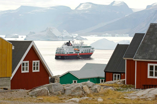 The 278-passenger Fram, the smallest, newest ship in Hurtigruten's fleet, sails past the small island of Uummannaq on the west coast of Greenland.