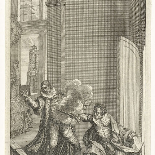 Balthasar Gerards doodt Willem I prins van Oranje met pistoolschoten op ...