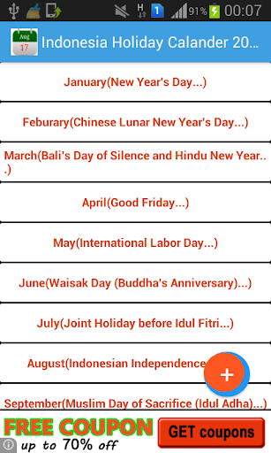 Indonesia Holiday Calendar2015