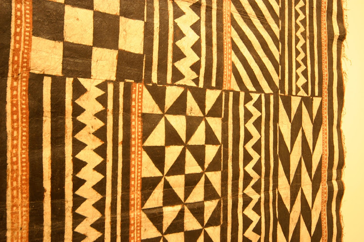 A Hawaiian/Polynesian cloth of tapa with a classic geometric pattern, seen at the Honolulu Academy of Arts.