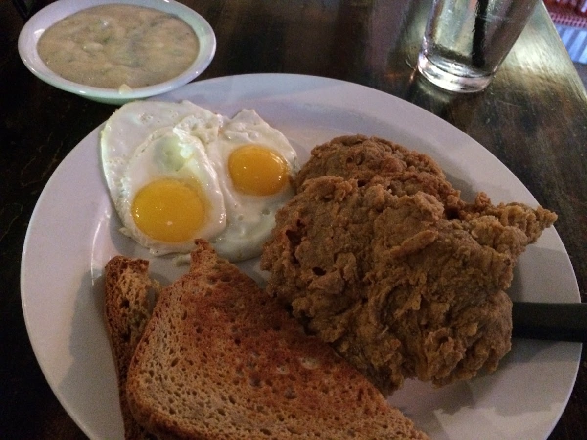 GF Chicken Fried Steak, Eggs, Bread and Honey Jalapeño Gravy. I asked for it on the side because I w