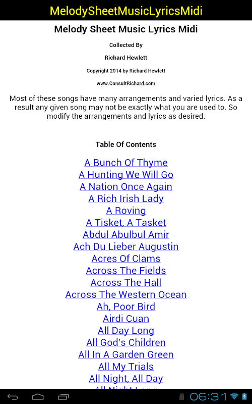 Android application Melody Sheet Music Lyrics Midi screenshort