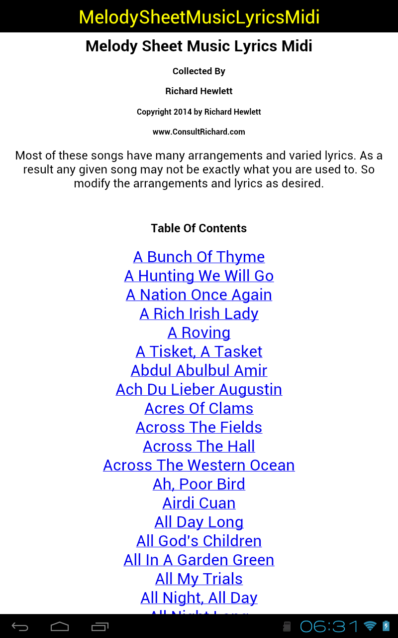 Melody Sheet Music Lyrics Midi Screen 1