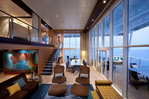 The Royal Loft Suite aboard Allure of the Seas offers guests a luxurious two-story stateroom with two-level panoramic views.