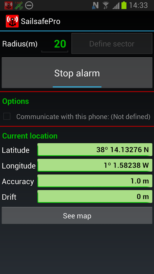 Android application Sailsafe Pro. Anchor alarm. screenshort