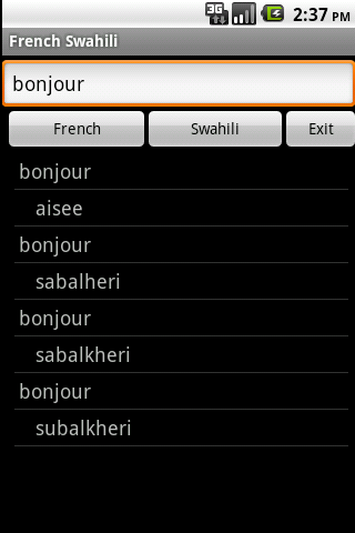 French Swahili Dictionary Screen 2