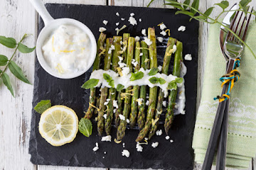 Asparagus with Feta Yogurt Mint Dressing
