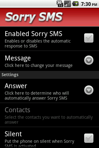 Android application Sorry SMS screenshort