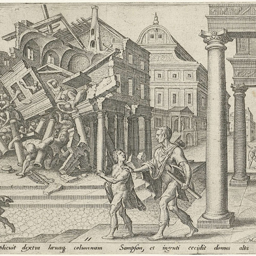 Simson verwoest de tempel van de Filistijnen, Philips Galle, naar Maarten van Heemskerck, 1569