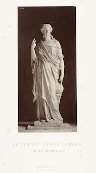 Marmeren beeld van een vrouw in hooggesloten jurk,  met haar rechterhand wijzend op een wereldbol en haar linkerhand wijzend in de lucht.