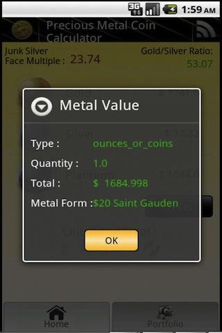 Precious Metal Coin Price App Screen 2