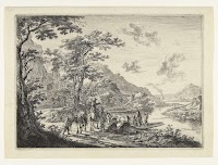 Landschap met veerpont en wachtende reizigers aan oever van de Tiber