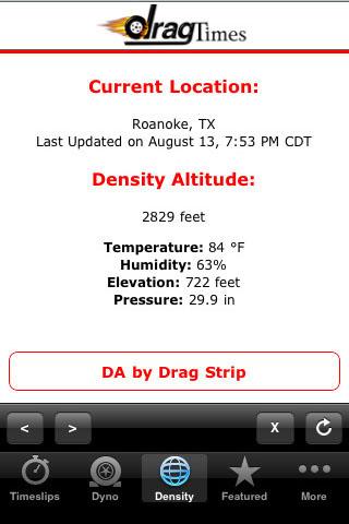 Android application DragTimes.com Density Altitude screenshort