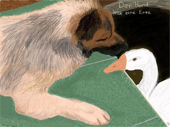 Der Hund hat eine Ente