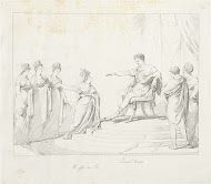 Vrouwelijke personificaties bieden de tronende Napoleon een kroon aan