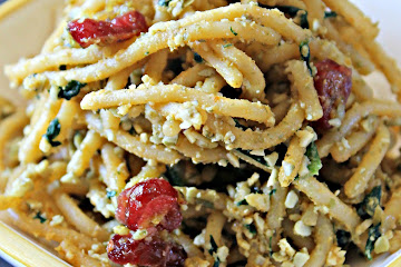 Spaghetti with Spinach and Cranberries in a Creamy Maple Pumpkin Glaze