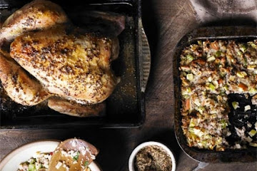 Mustard-glazed roast chicken with Waldorf stuffing