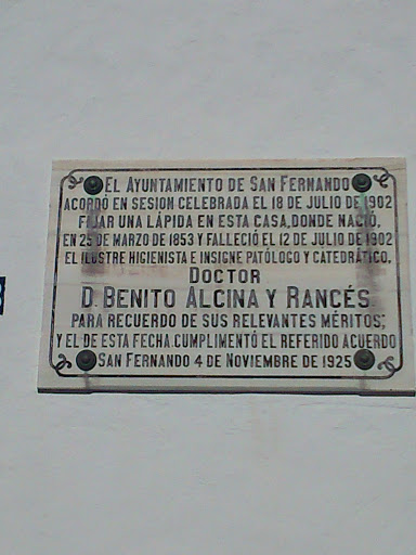 Placa Conmemorativa Al Doctor Benito Alcina Y Rancés