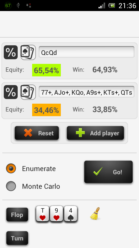 Poker Odds Range Calculator Screen 1