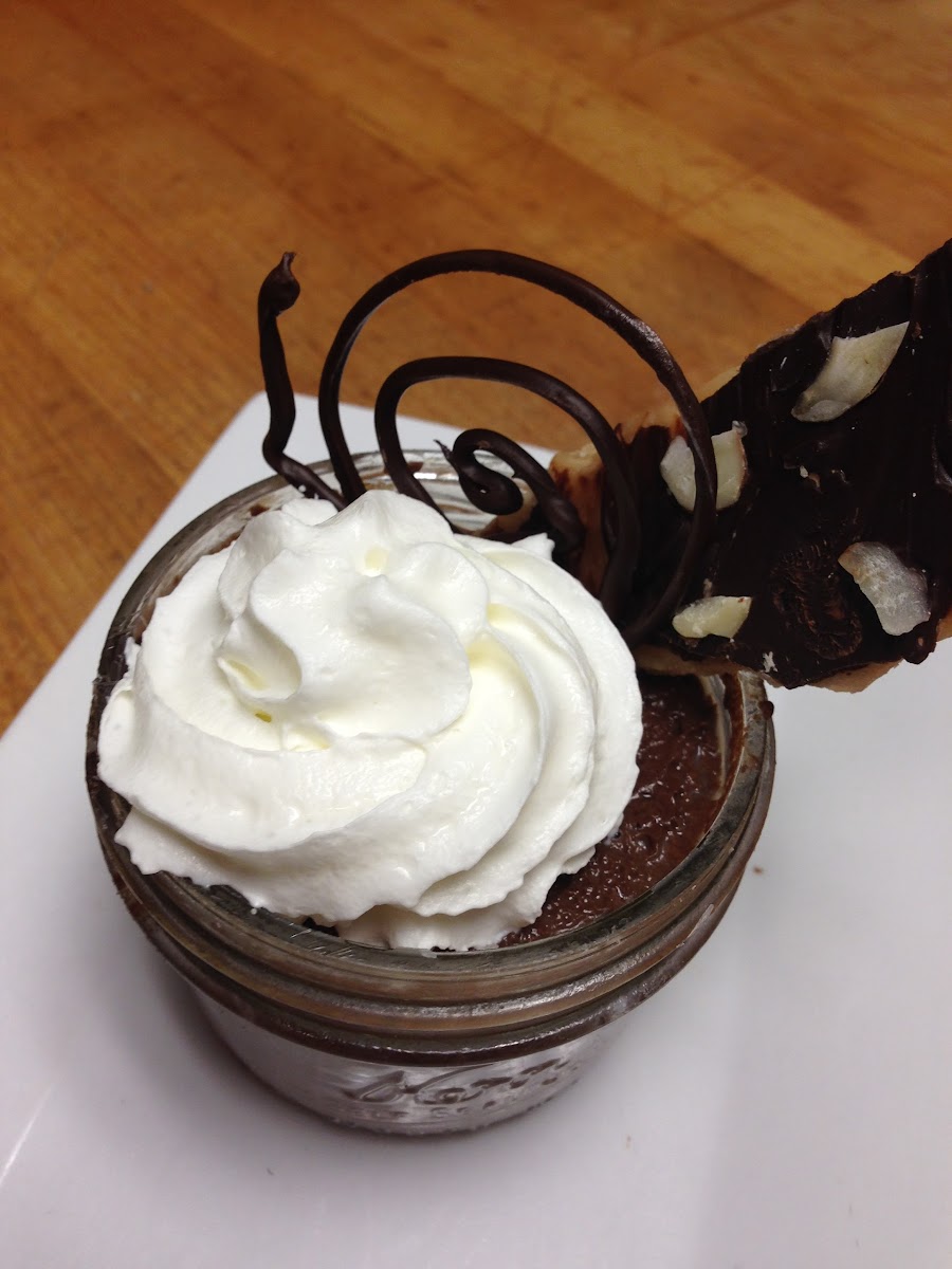 Starky's French Chocolate Custard "Pots De Creme" with Chantilly Cream & Toffee is gluten free and d