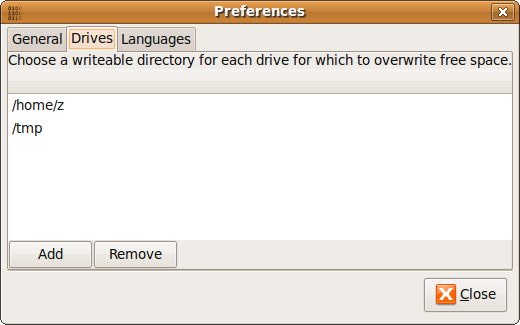 BleachBit 0.6.1 preferences dialog showing new options to choose drives for which to overwrite free space (Ubuntu 9.04)