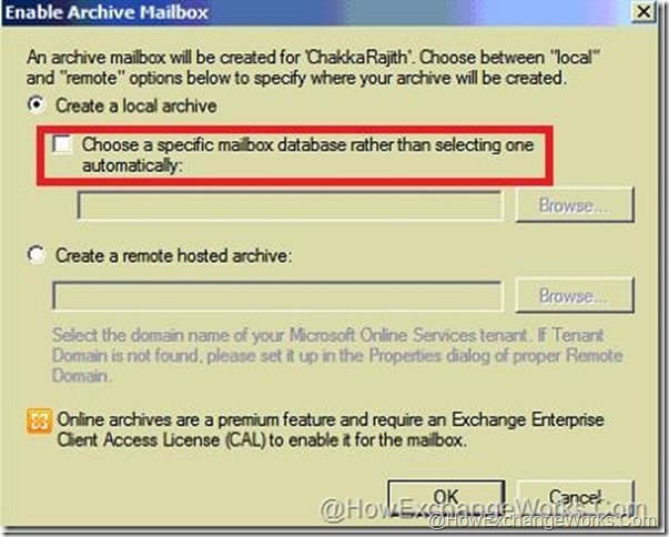 Select DB for archive mailbox in sp1