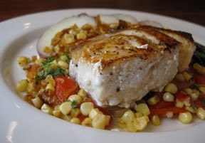 Black Bass with Caramelized Onions and Corn