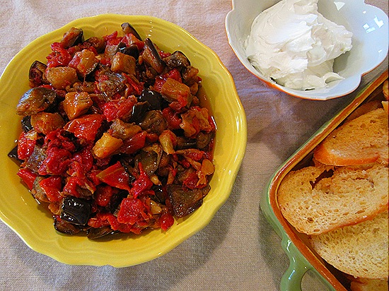 Eggplant-Red Pepper Comfit with Goat Cheese & Crostini