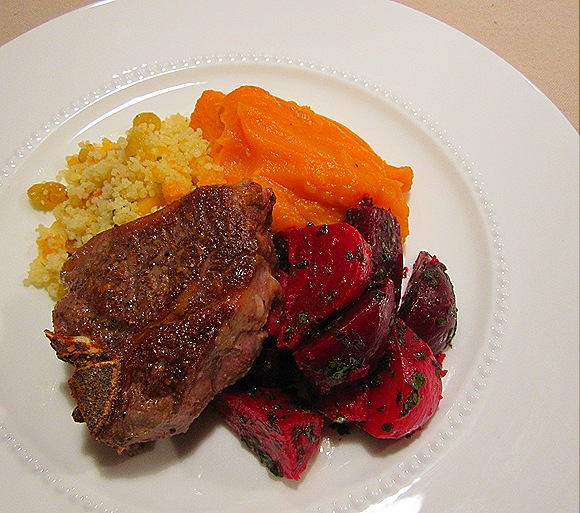Pan-Roasted Lamb Chop with Ginger Beets, Butternut Squash Puree & Couscous with Pinenuts & Dried Fruits