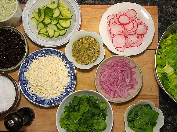 Salad Ingredients (except I forgot the avocado, and added cilantro by mistake)