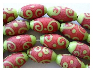 Lime Green and Red Glass Swirl Beads from Happy Mango Beads