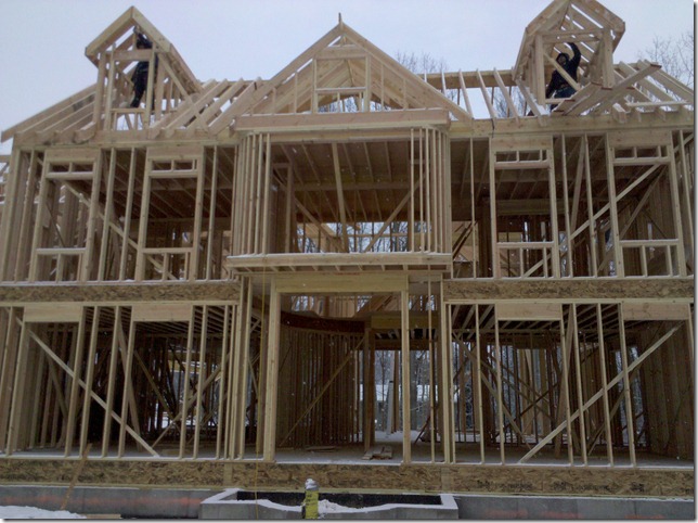 New home construction, framing. Front Facade. Dormers.