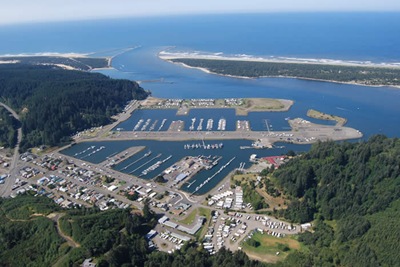 Aerial view of Winchester Bay (foreground) and the Salmon Harbor Marina