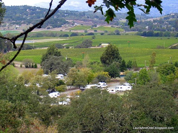 View of the campsites from a hillside trail