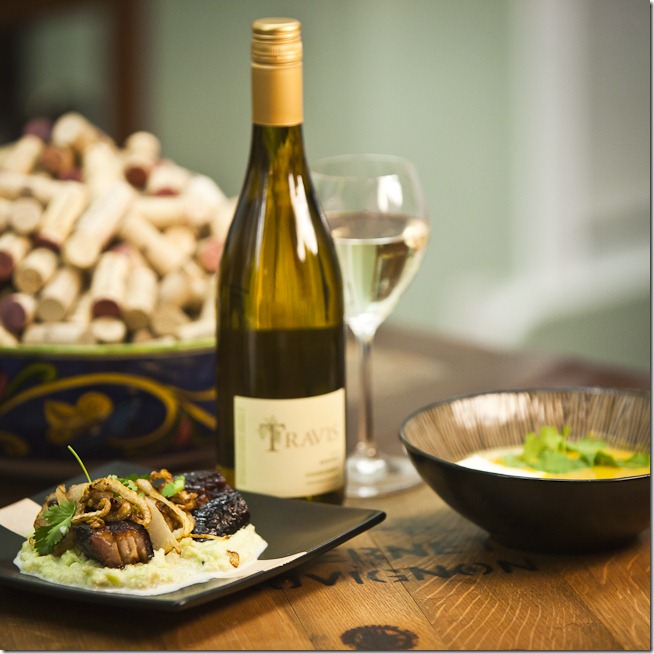 2009 Travis Chardonnay with Pork Belly Broccoflower puree and curried butternut squash soup