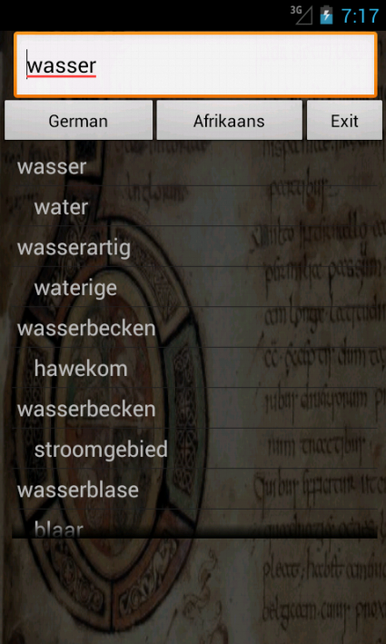 German Afrikaans Dictionary Screen 1