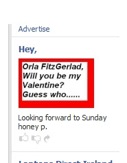 Image of ad on Facebook reading Orla Fitzgerlad, will you be my Valentine, guess who.......
