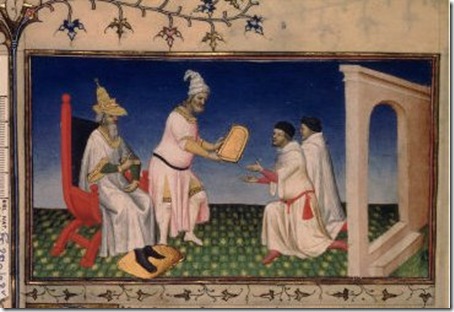 pintura do início do século XV, representa o imperador momgol Kublai Khan,, presenteando o mercador e viajante Marco Polo
