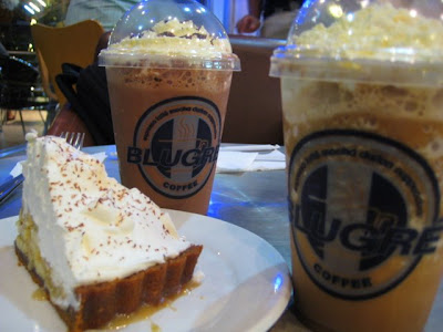 BluGre specials: Mocha and White Mocha Larcepuccino, with Banana Cream Pie