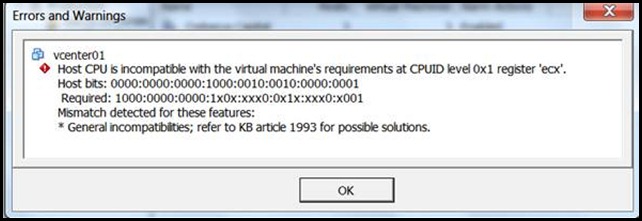 vSphere vMotion error : Mismatched Host CPU features