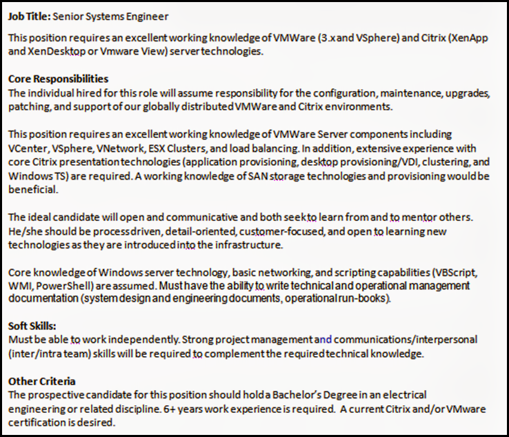 Job Opportunity : Senior VMware/Citrix Engineer : 120k Base + 18% – 20% Bonus : NYC Area.