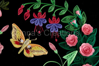 Quilled moth, fuchsia and roses