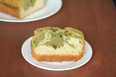 photo of two slices of Matcha marble tea cake on a plate