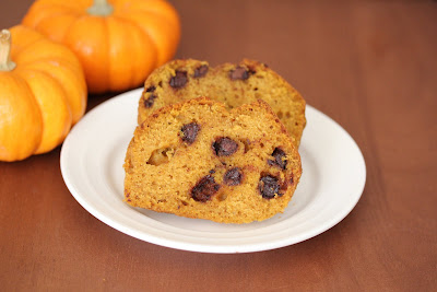 photo of two slices of Chocolate chip pumpkin bread on a plate