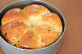 overhead shot of soft and fluffy raisin rolls