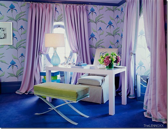modern-home-office-purple-lilac-blue-and-green-with-purple-curtains-and-blue-lily-wallpaper thelennoxx