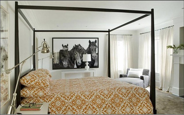 [eric_roth_bedroom_wood_canopy_bed_four_poster_orange_bed_spread_horse_photo_wall_hanging_picture_white_curtains_drapes_modern[10].jpg]
