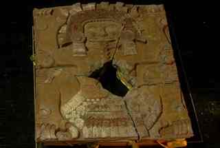 General view of the Mexica Goddess Tlaltecuhtli monolith, after being placed inside the Templo Mayor Museum